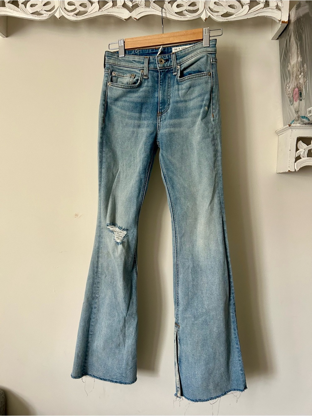 rag & bone Nina high rise Light Blue Flare Jeans with Distressed Knee